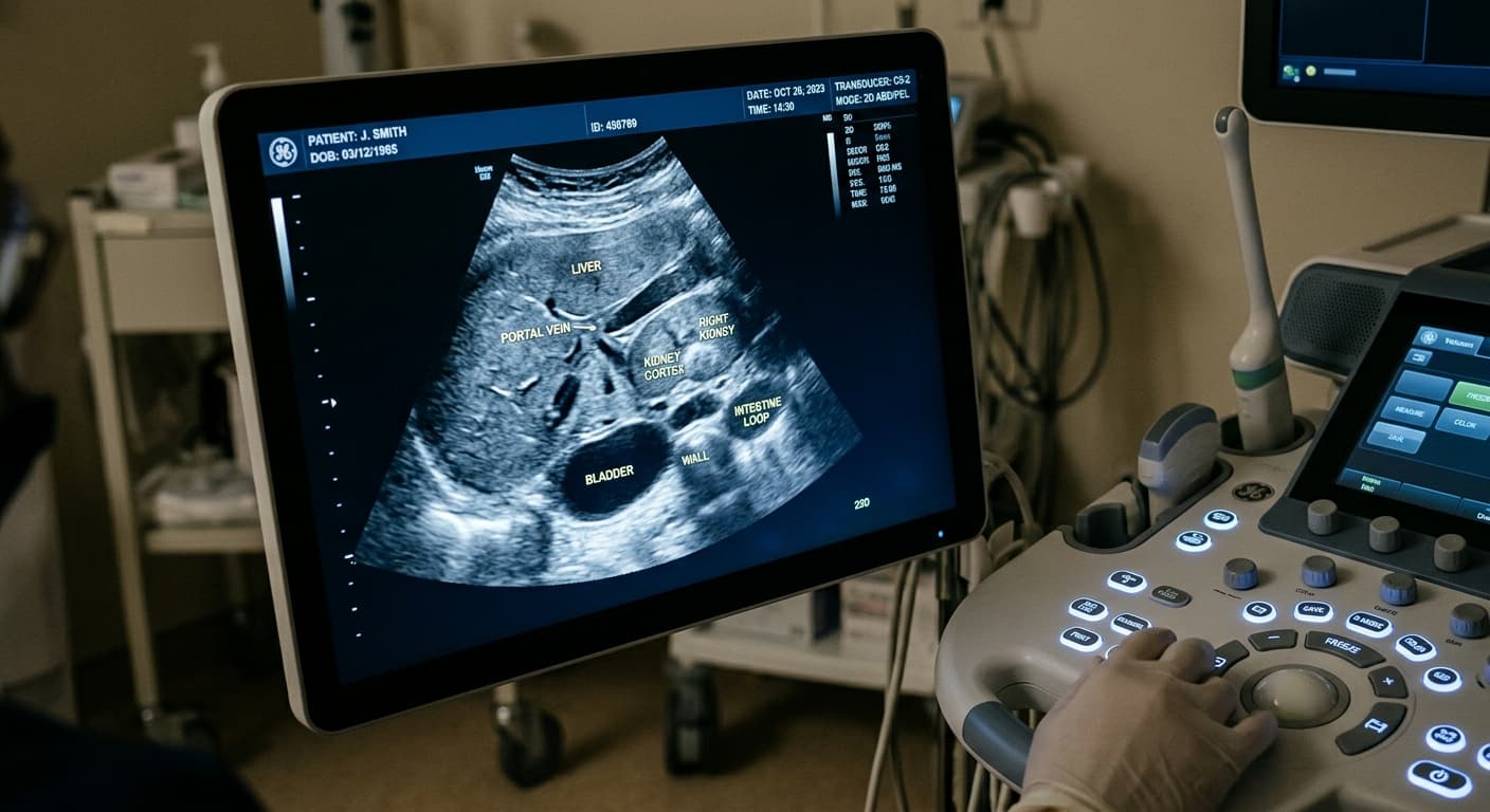 Ecografie abdomino-pelvină efectuată pe un ecograf modern la clinica Top Medical Grup din Iași.