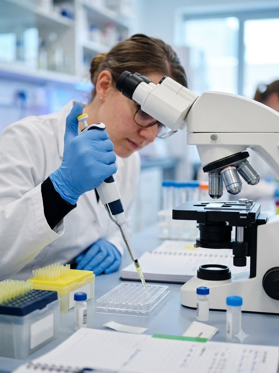 Tehnician de laborator la Top Medical Grup Iași pipetând o probă lângă microscopul optic, în laboratorul propriu de analize medicale