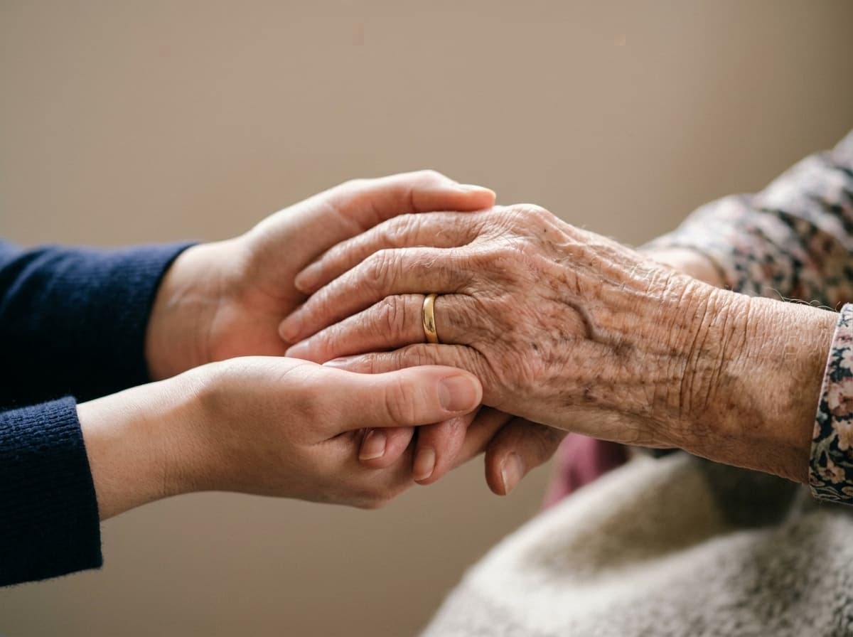 Mâinile unui medic și ale unei persoane în vârstă într-un gest de sprijin și grijă medicală pentru seniori, în cadrul serviciilor de geriatrie și gerontologie.