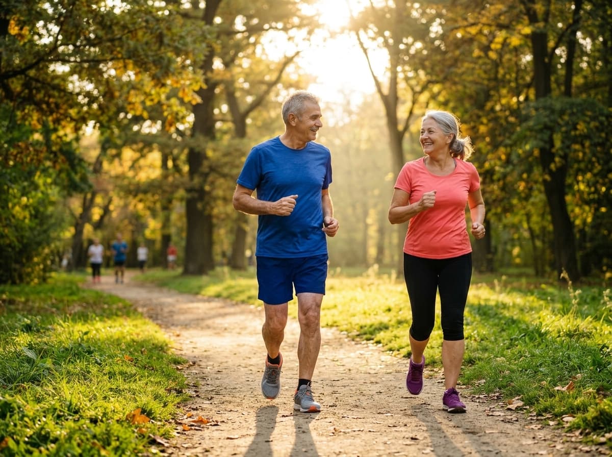 Cuplu de seniori activi făcând sport în parc – Pachet complet de analize medicale pentru pacienți peste 55 de ani la clinica Top Medical Grup Iași.