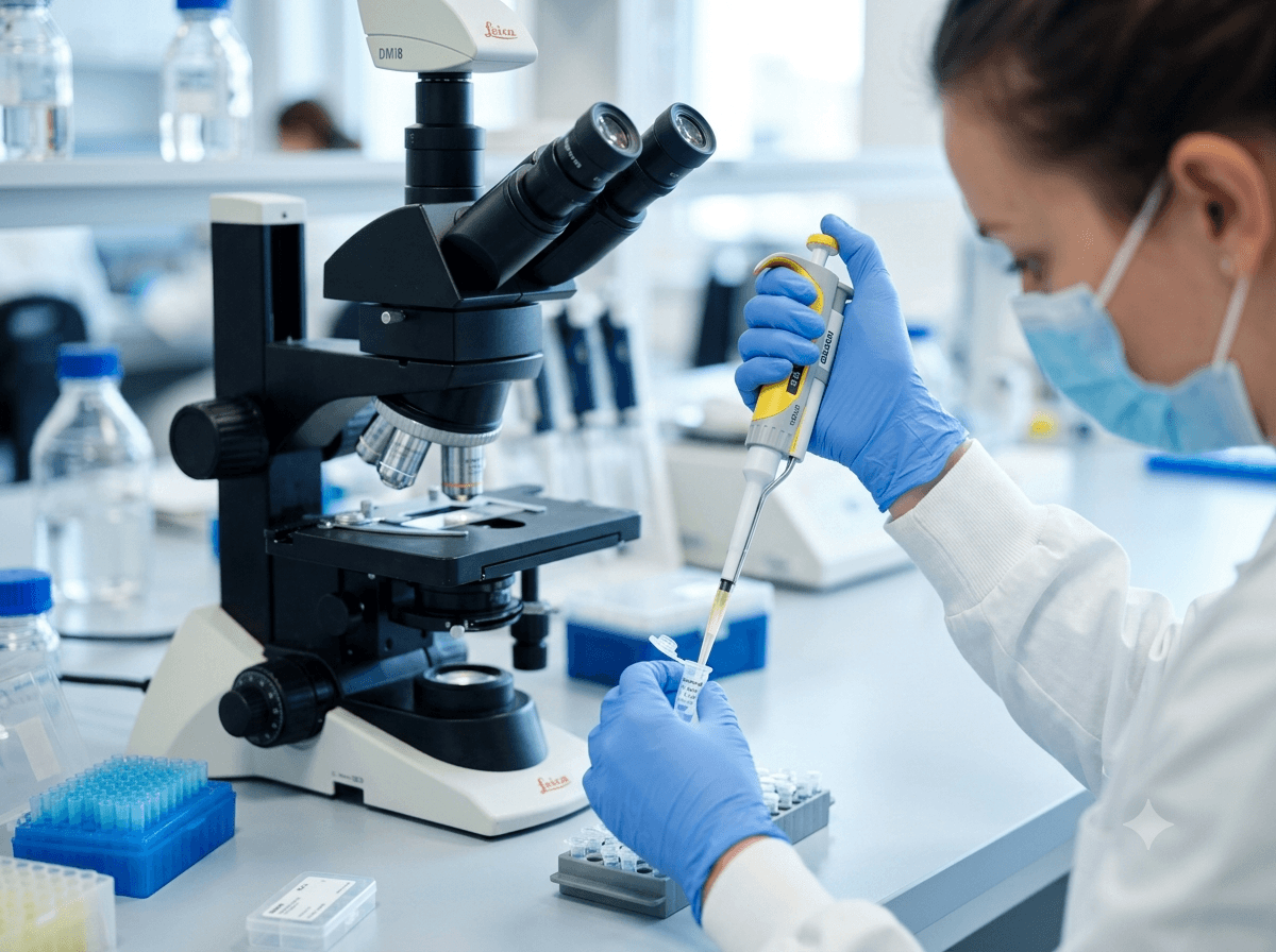 Specialist laborator analizând probe la microscop în cadrul laboratorului ultra-modern al centrului Top Medical Grup Iași.